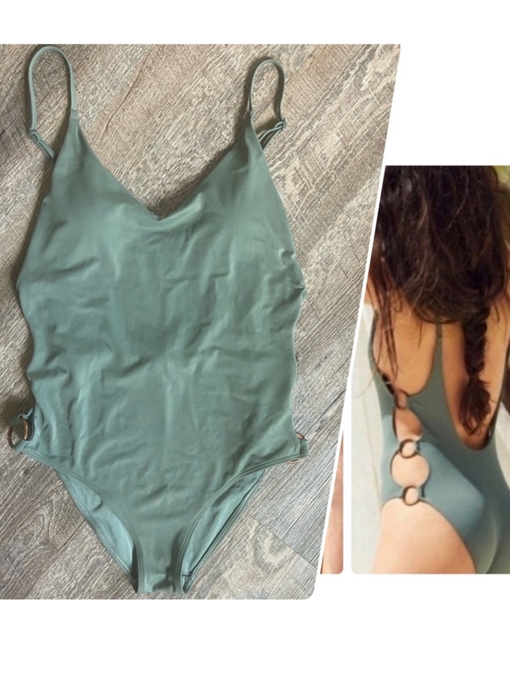 Aerie cheeky open side o-ring olive green one piece swimsuit